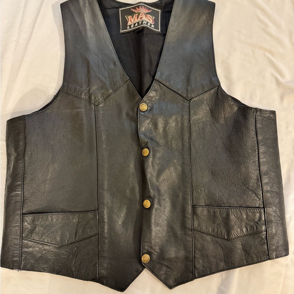 MAS Leather Motorcycle Riding Vest Adult Size : L Vintage Black